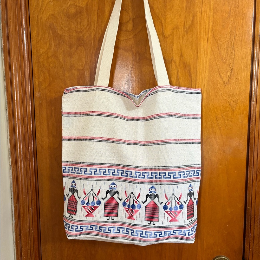 New red black blue cross stitch print cotton blend tote